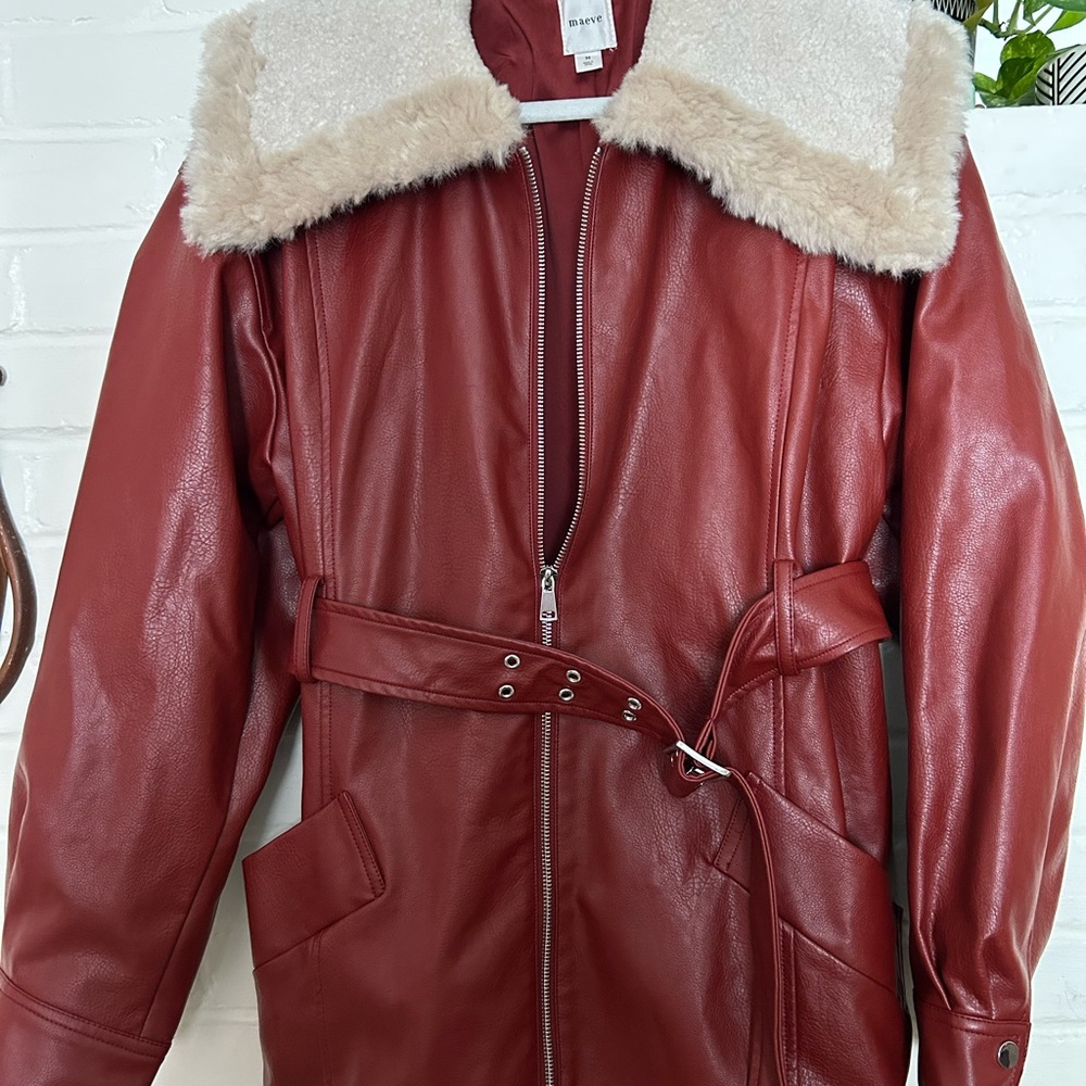 Maeve Red Leather Jacket with Cream Fur Collar